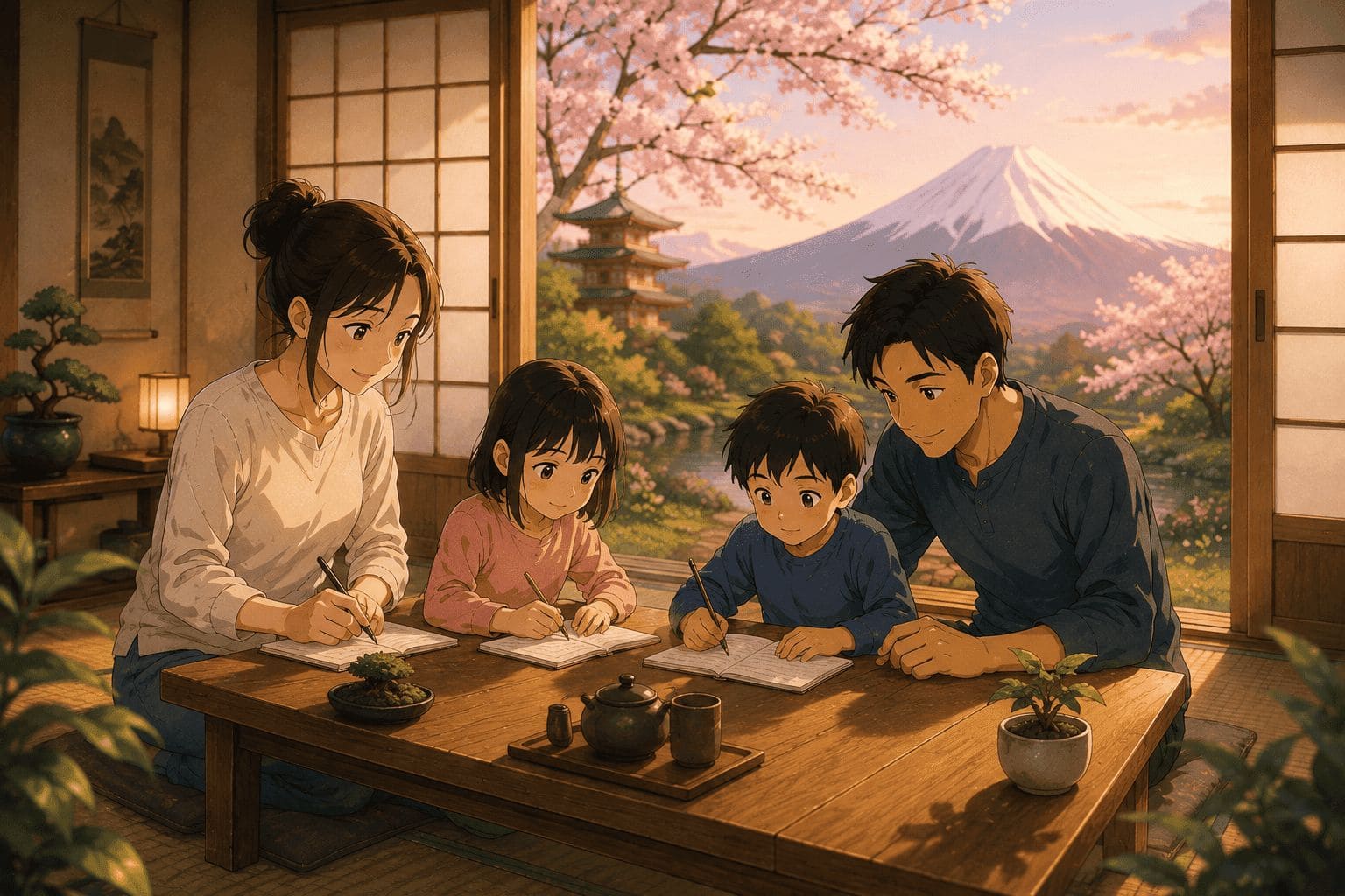 Familia escribiendo junta en una mesa baja frente a un jardín japonés, ilustración en estilo anime