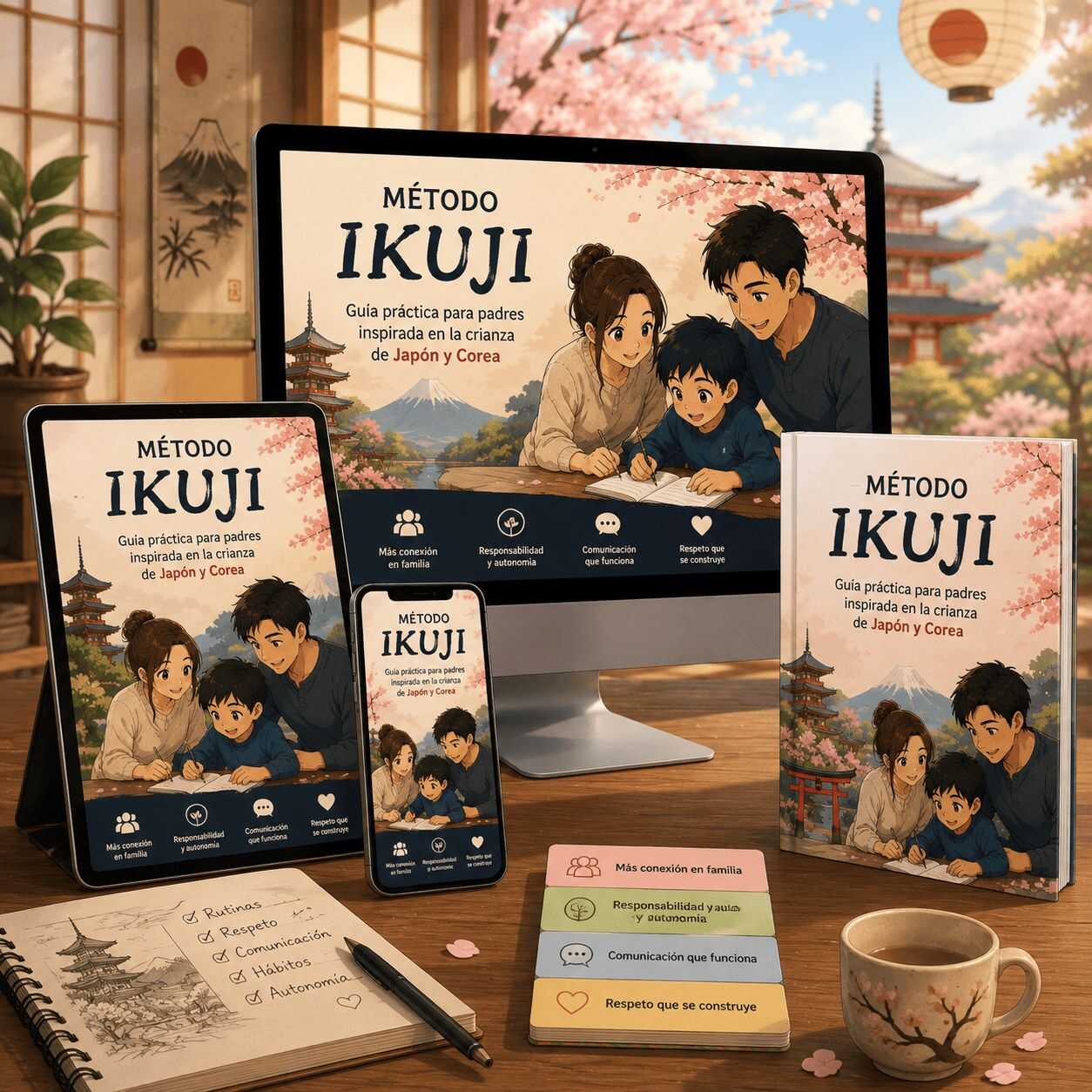 Método Ikuji mostrado en computadora, tablet, celular y libro impreso