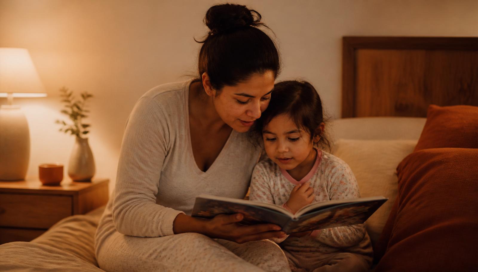 Madre latina leyendo con su hijo antes de dormir