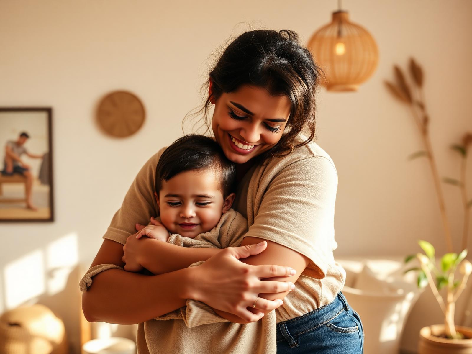 Madre latina abrazando con calma a su hijo pequeño